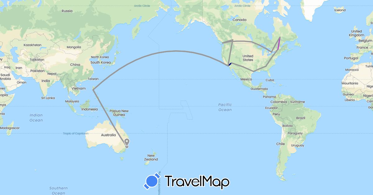 TravelMap itinerary: driving, plane, train in Australia, Canada, Philippines, United States (Asia, North America, Oceania)